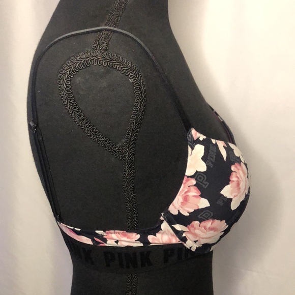 PINK VICTORIA’S SECRET black and pink floral padded push up bra. Size 34 B. - Picture 6 of 9